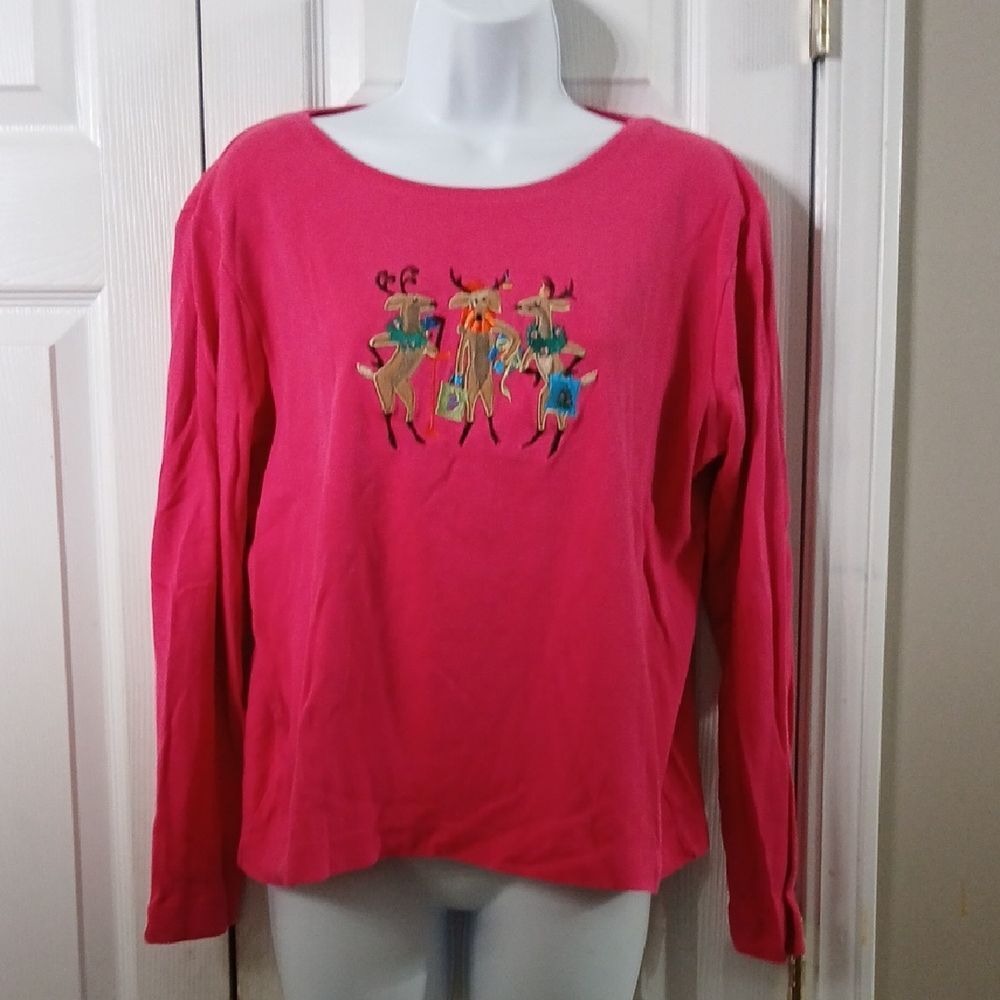Marisa Christina Christmas Long Sleeve Top Colorful Embroidery Reindeer Sz M